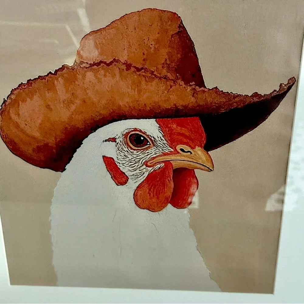 Western Chicken Cowboy Off White Squiggle Framed Wall Art Print Matted 16.5x21”